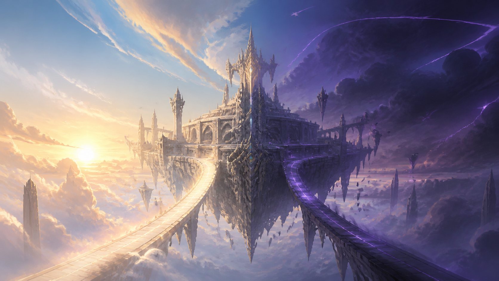 光と影に分かれた空の道と浮遊城を描くオリジナルイラスト。ペルギウスの死亡説と生存説の分岐を表現