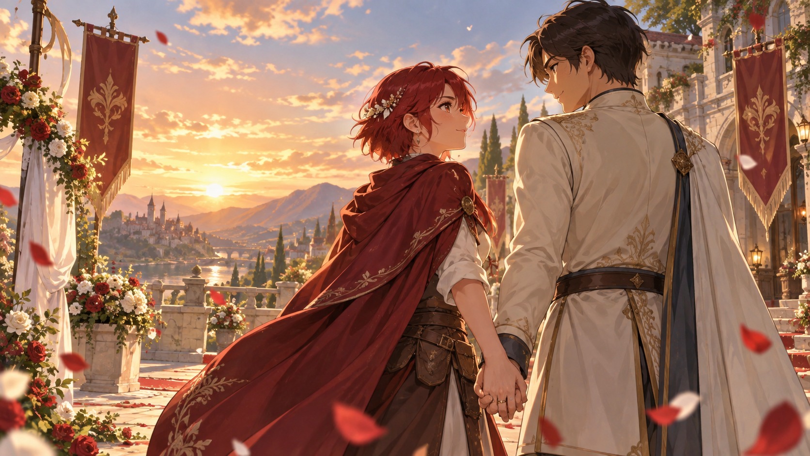 夕暮れのファンタジー世界で手を取り合う赤髪の女性と黒髪の男性のオリジナル婚礼イメージ
