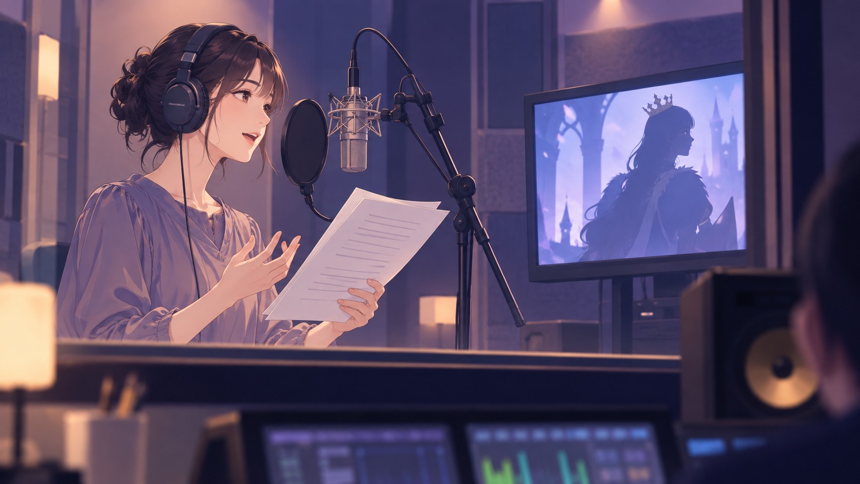 アニメ版アリエルを演じる声優の収録風景を表すイメージ