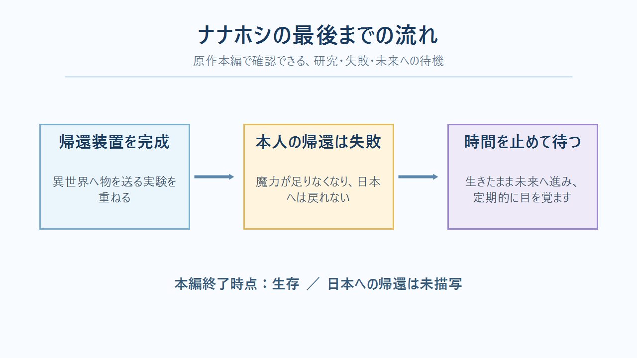 ナナホシが帰還装置を完成させ、帰還に失敗した後、時間を止めて未来を待つ流れを示す図解