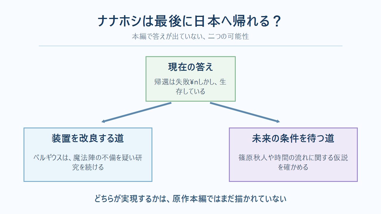 ナナホシが日本へ帰れるかを考えるために、装置改良と未来の条件という二つの可能性を示す図解