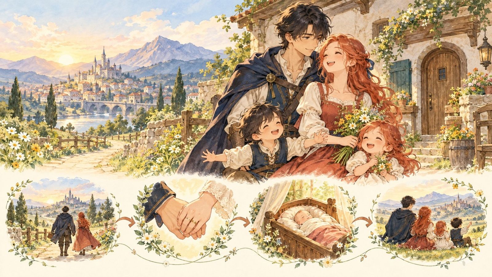 結婚した二人と二人の子どもの家族、出会いから子どもの誕生までを表す場面アイコンを描いたイラスト