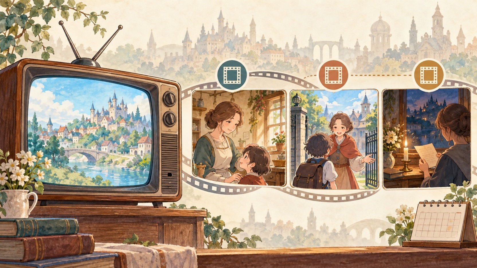 テレビ画面と三つの場面枠で、母に関わるアニメの登場場面を示したイラスト